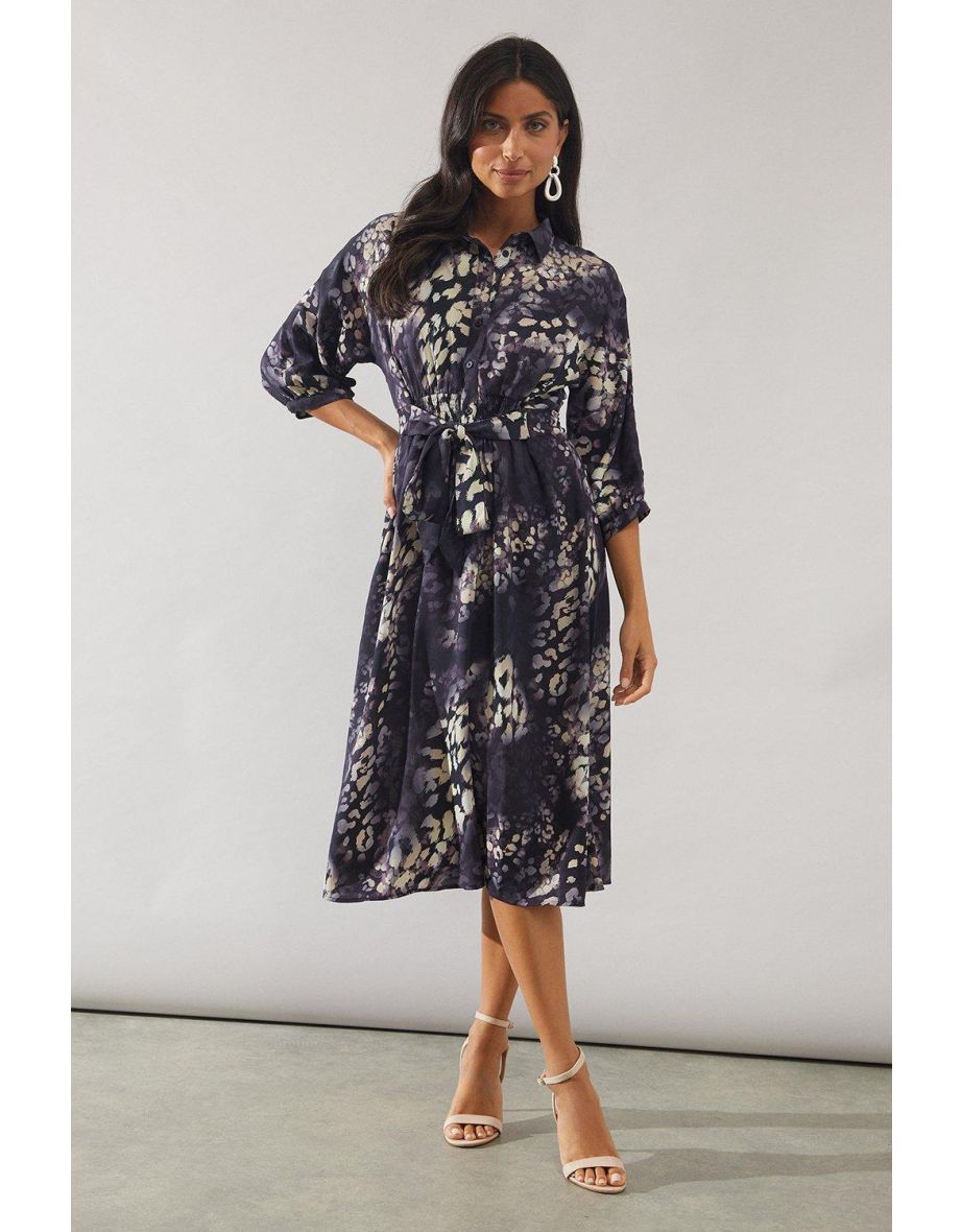 Animal Print Shirred Waist Shirt Dress