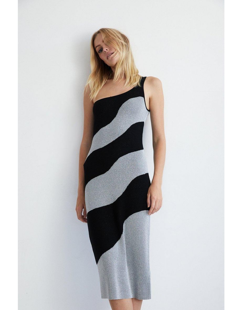 One Shoulder Metallic Jacquard Knit Dress
