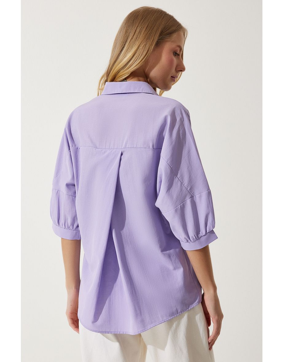 Women's Lilac Balloon Sleeve Poplin Shirt - 4