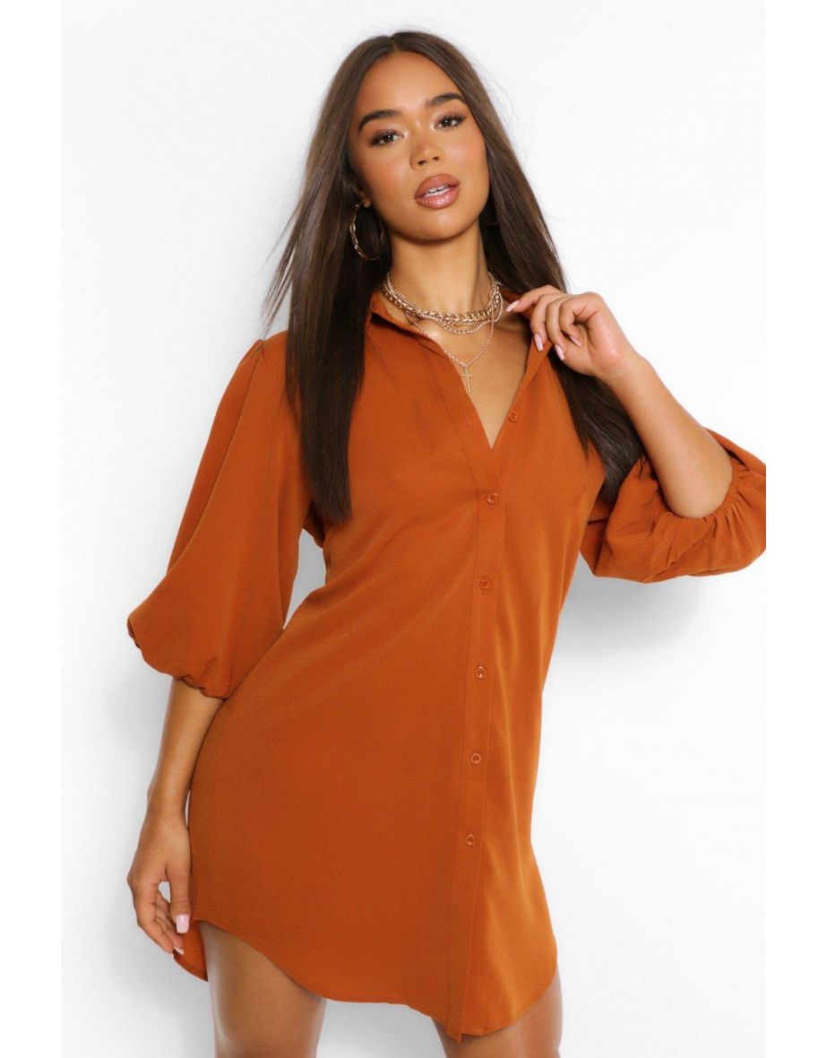 Puff Sleeve Oversized Shirt Dress - camel