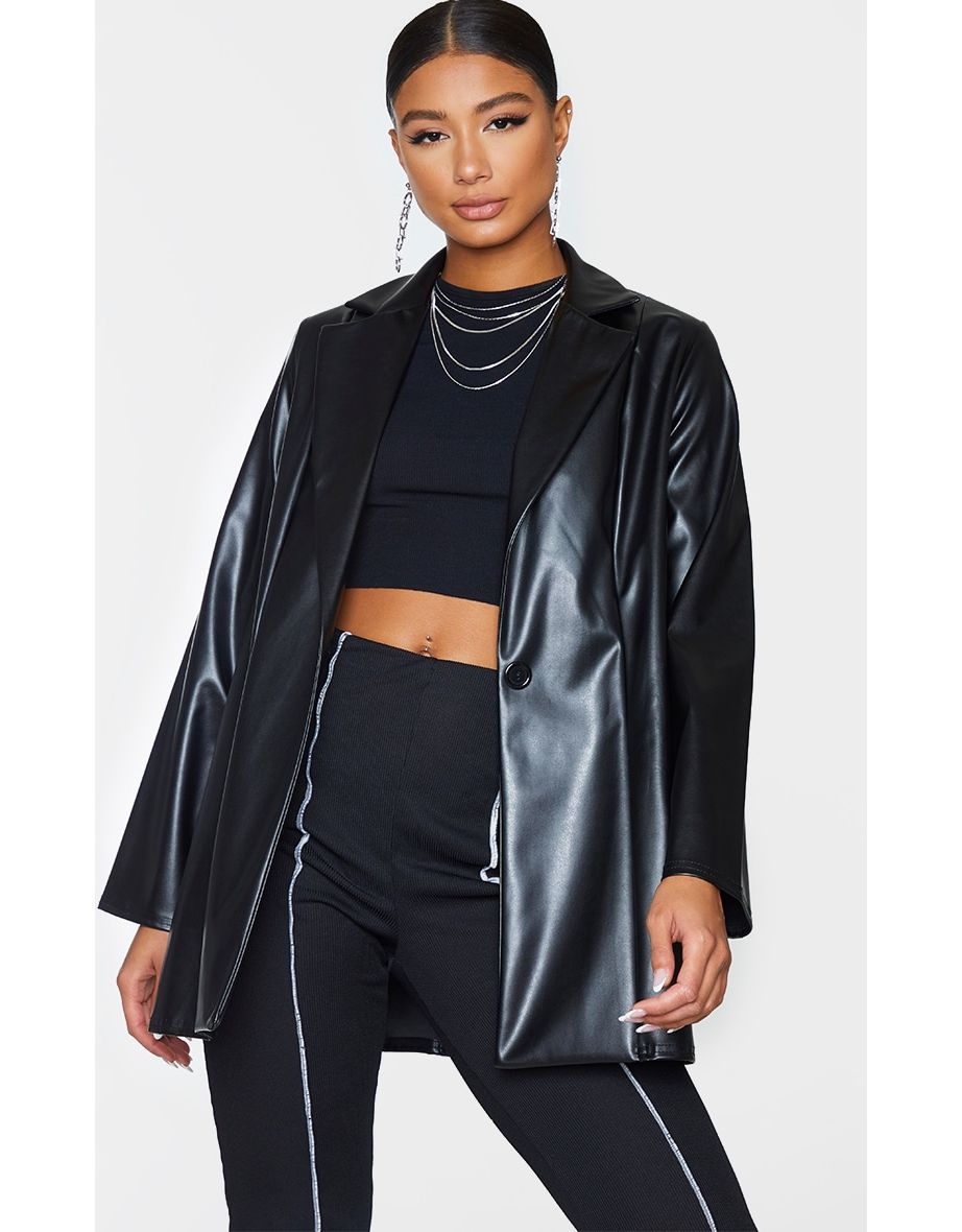 Black Longline Lapel Detail Faux Leather Blazer