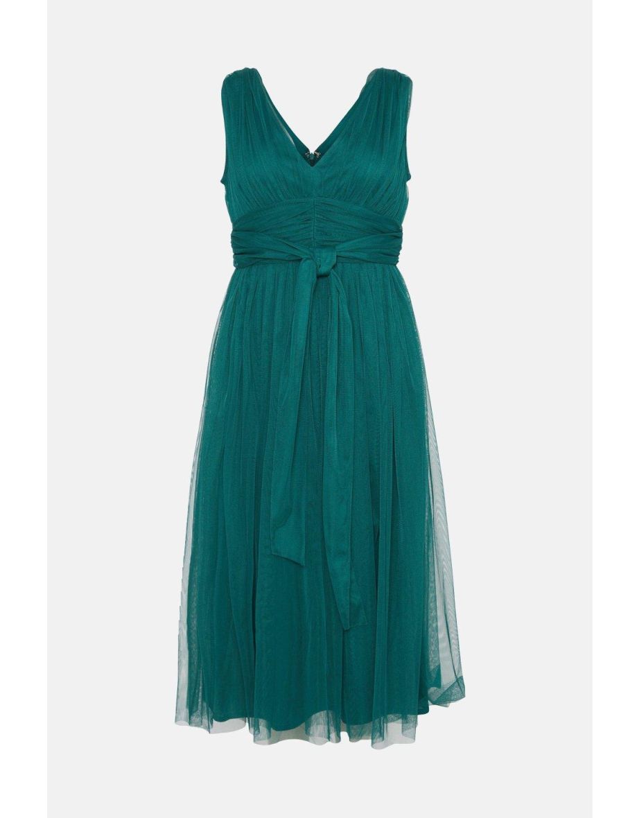Petite Sleeveless Tulle V Front Bow Back Midi Dress - 3