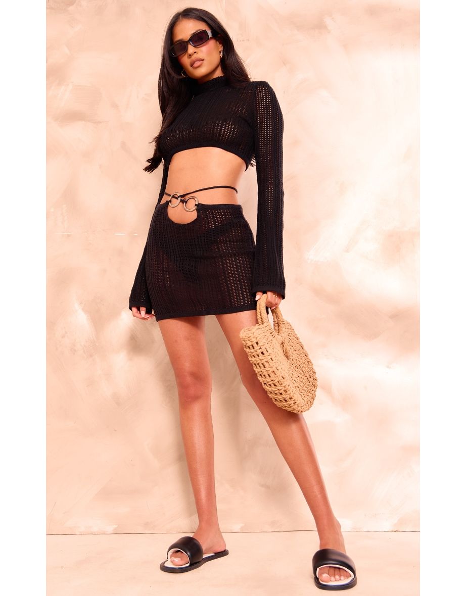Tall Black Open Knit Long Sleeve High Neck Top
