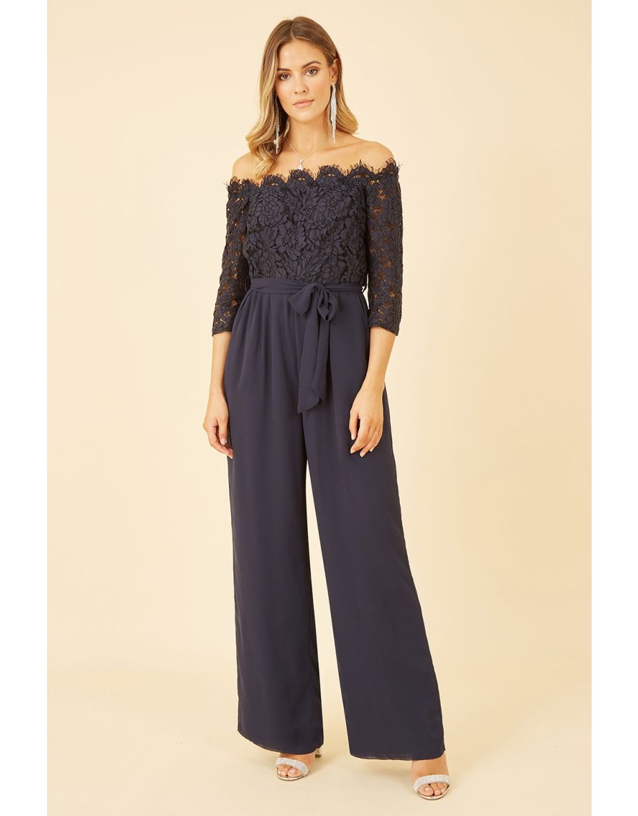 Yumi Navy Lace Bardot 3/4 Sleeve Jumpsuit