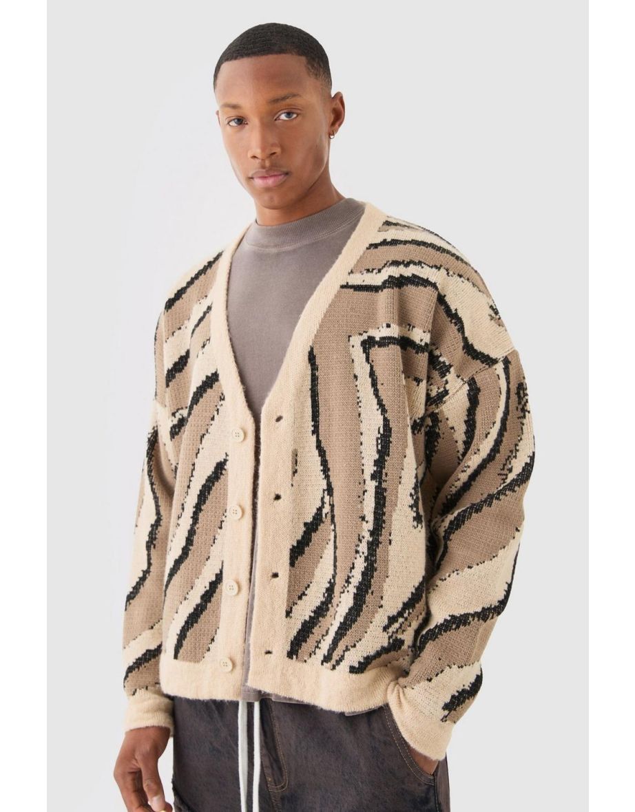 Boxy Oversized Brushed Abstract All Over Jacquard Cardigan