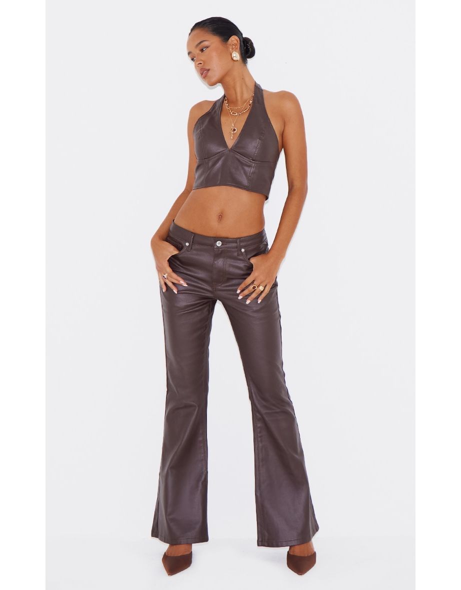 Brown Coated Denim Flared Jeans