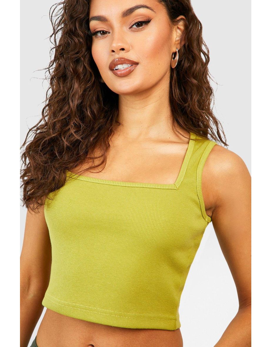 Square Neck Rib Crop Top - chartreuse - 3