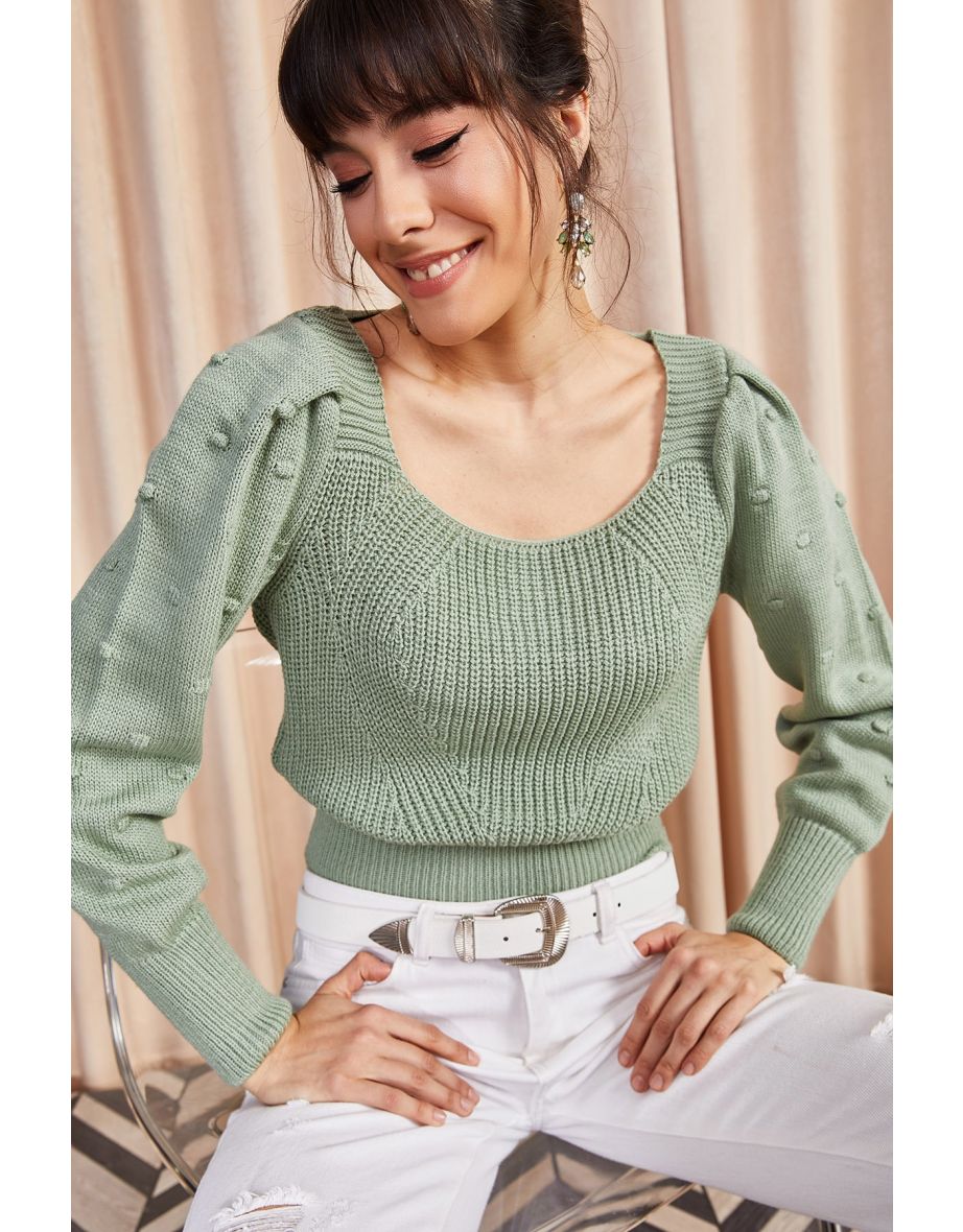 Women's Mint Tie Back Sleeves, Pompom Knitwear Sweater