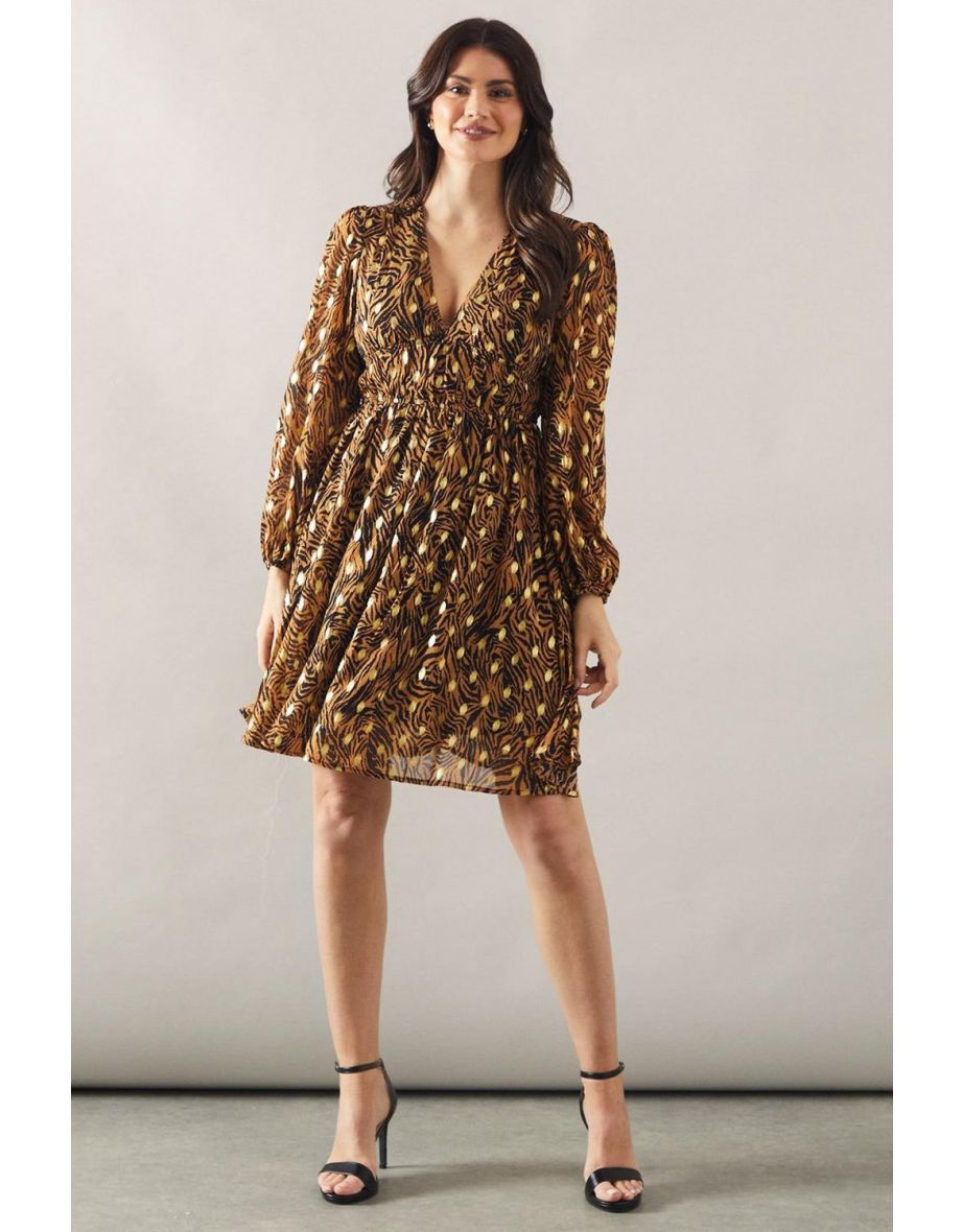 Printed Blouson Sleeve Metallic Mini Dress - 3