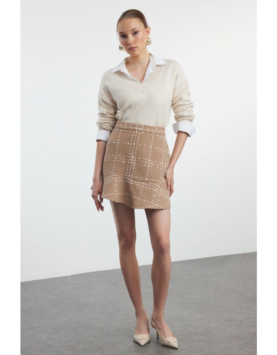 Camel Flounce Tweed Fabric Mini Woven Skirt