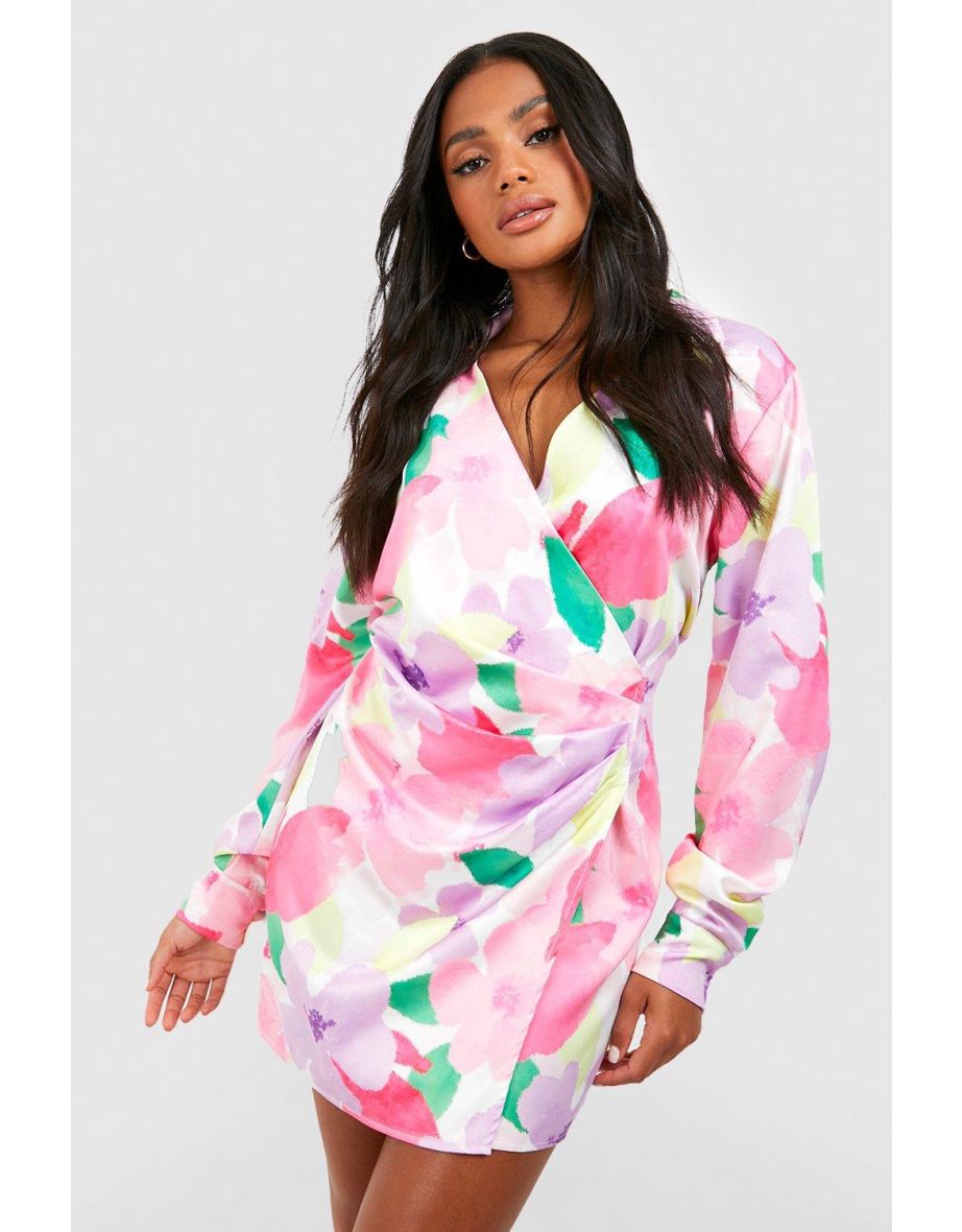 Floral satin shirt dress best sale