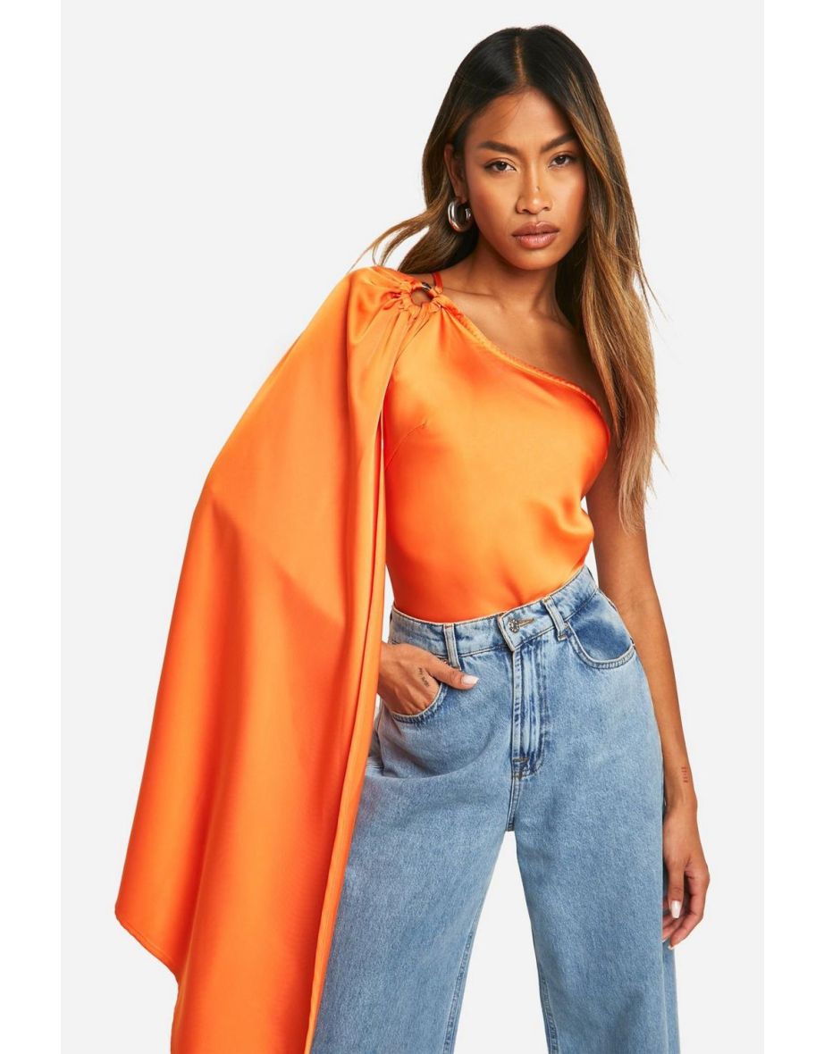 Satin Gold Trim One Shoulder Bodysuit - orange