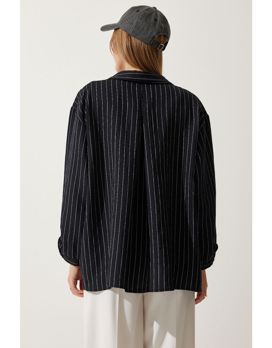 Women's Black Striped Pocket Viscose Shirt - 5