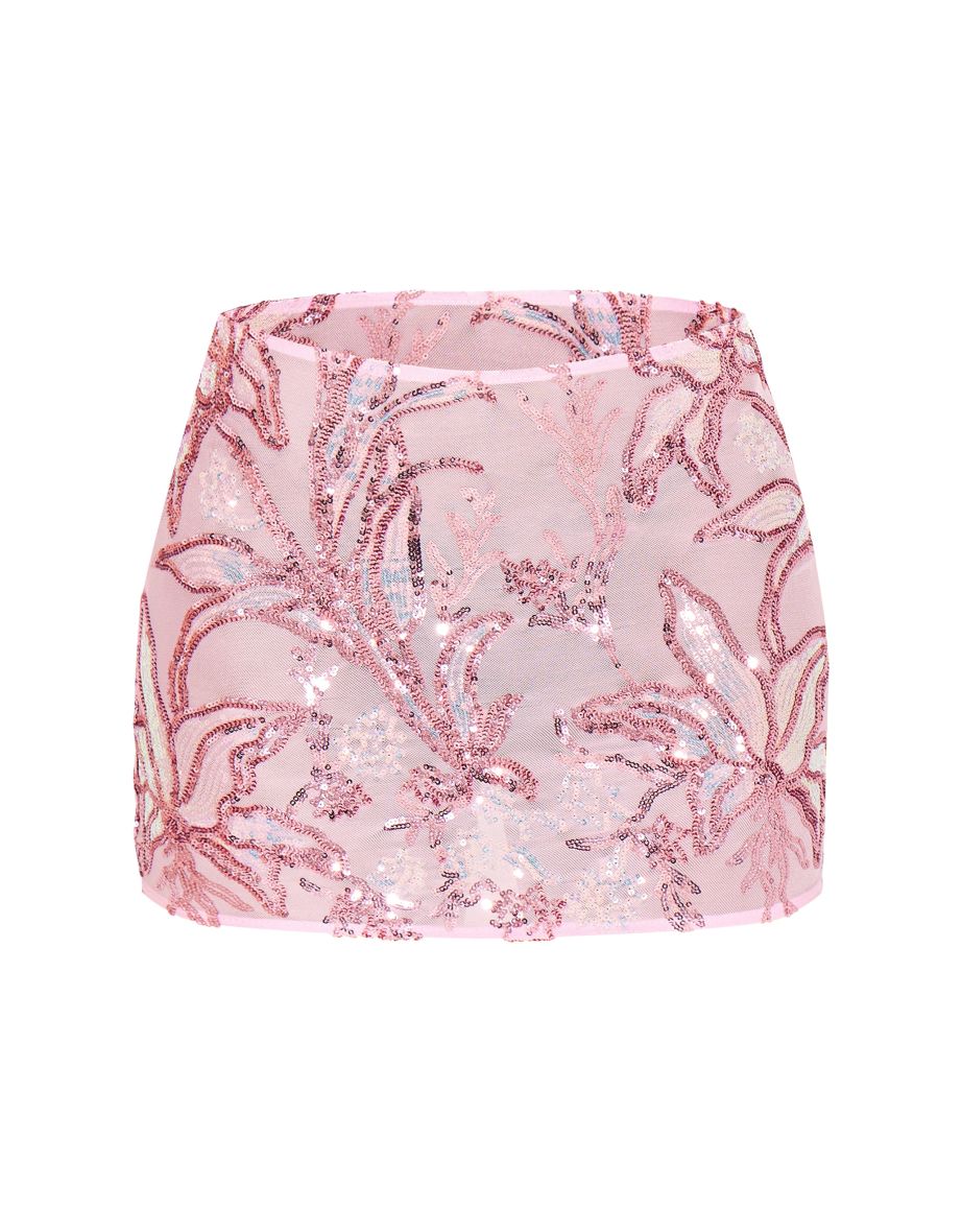 Baby Pink Floral Sequin Mini Skirt - 5