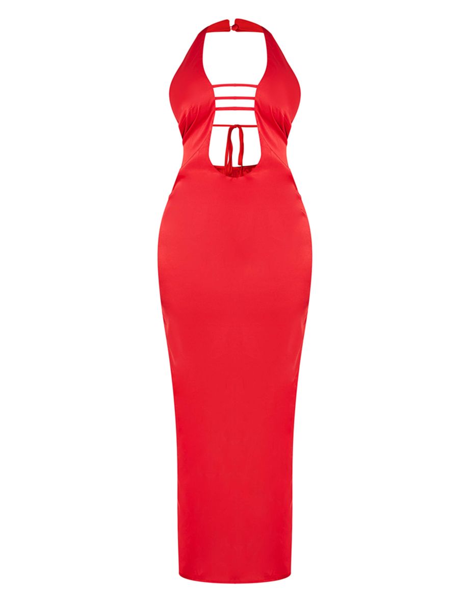 Shape Red Satin Plunge Front Halterneck Maxi Dress - 4