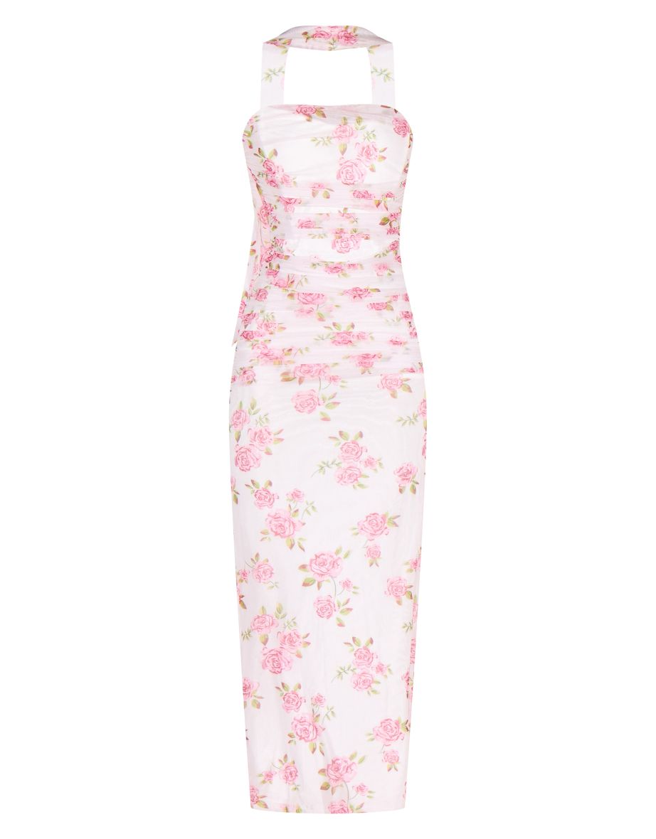 Pink Floral Scarf Detail Ruched Maxi Dress - 4
