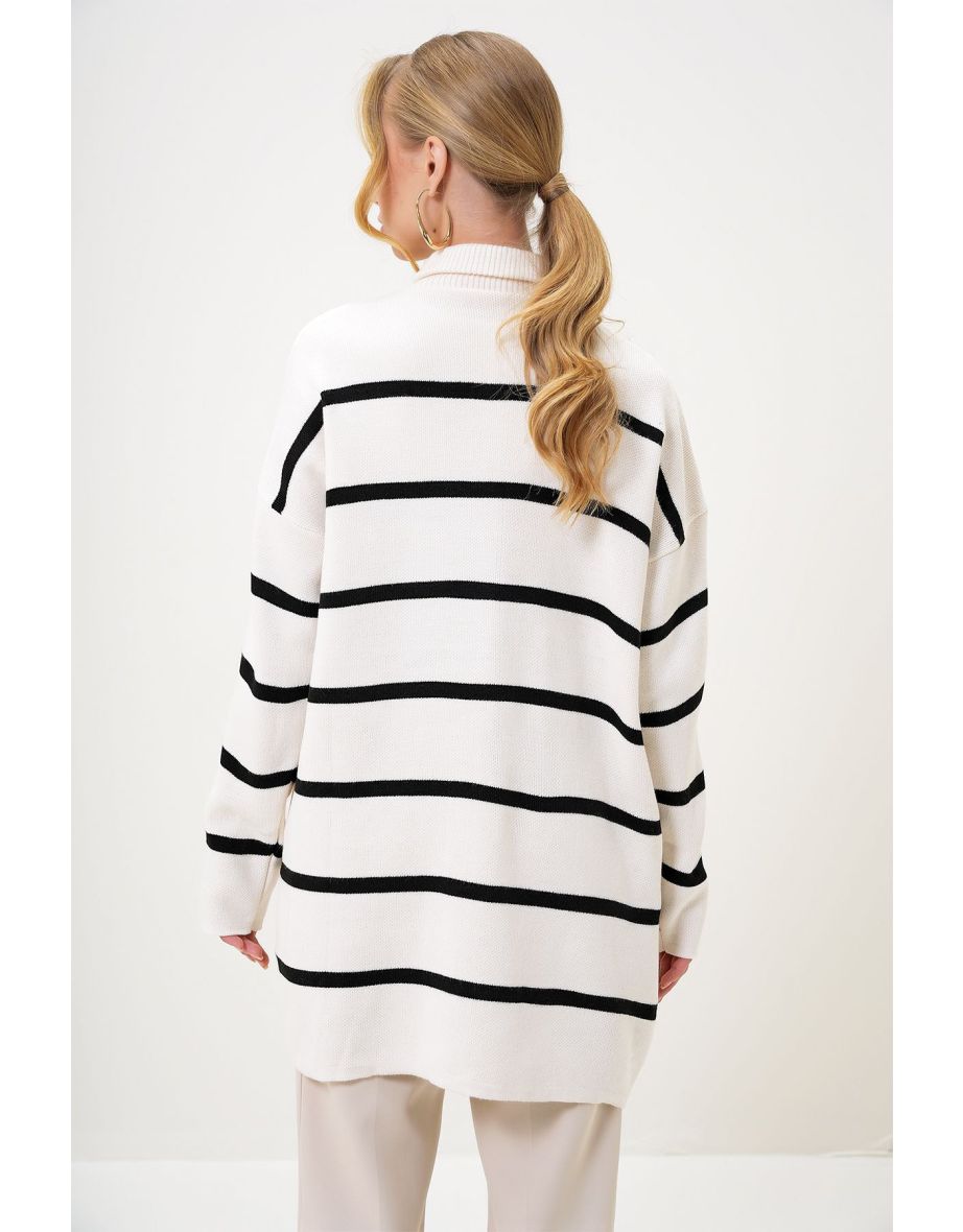 Women's Ecru Turtleneck Zipper Detail Striped Oversize Knitwear Sweater - 5
