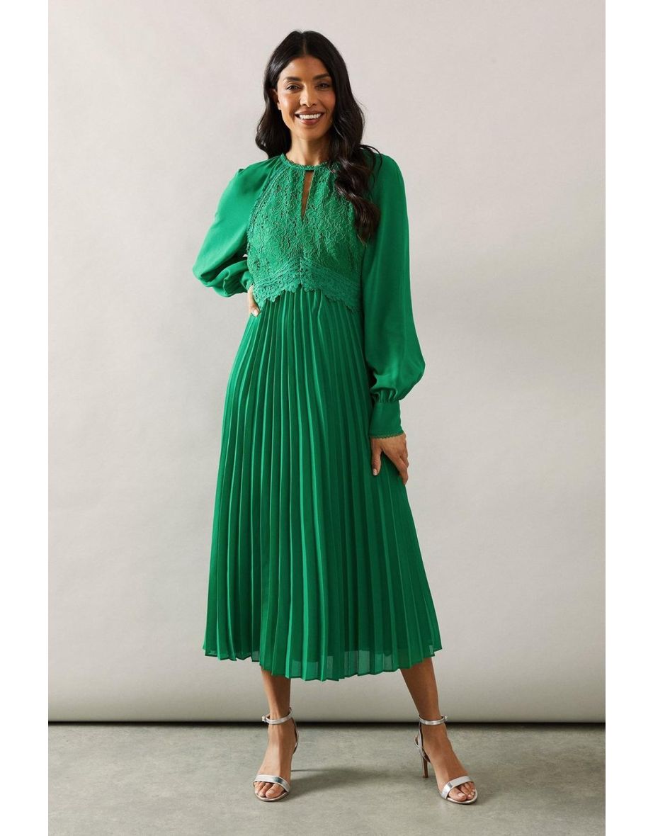 Occasion Lace Insert Pleated Midi Dress