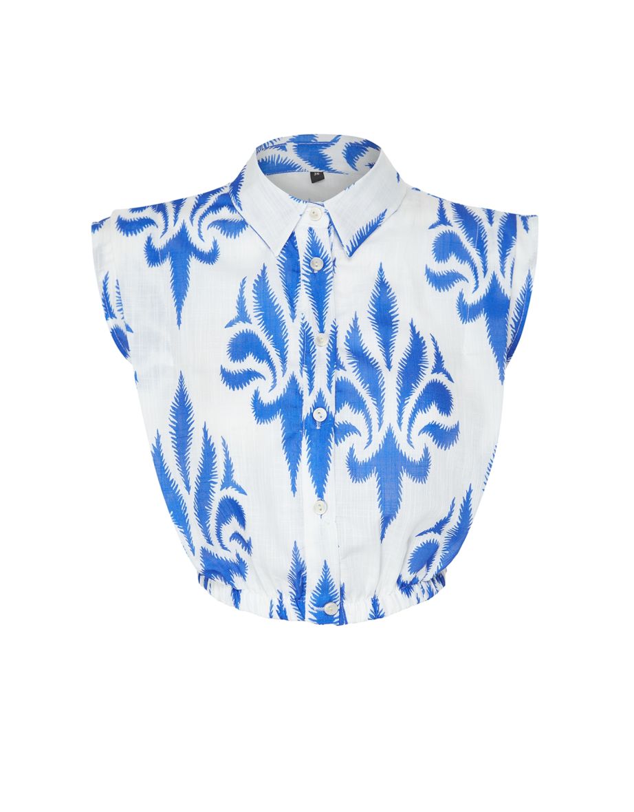 Blue Linen Look Viscose Fabric Sleeveless Woven Shirt with Elastic Hem - 7