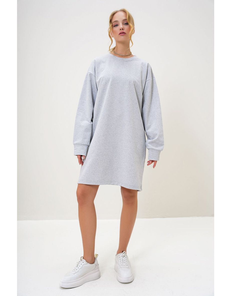 Women's Grey Melange Crew Neck Sweatshirt Dress