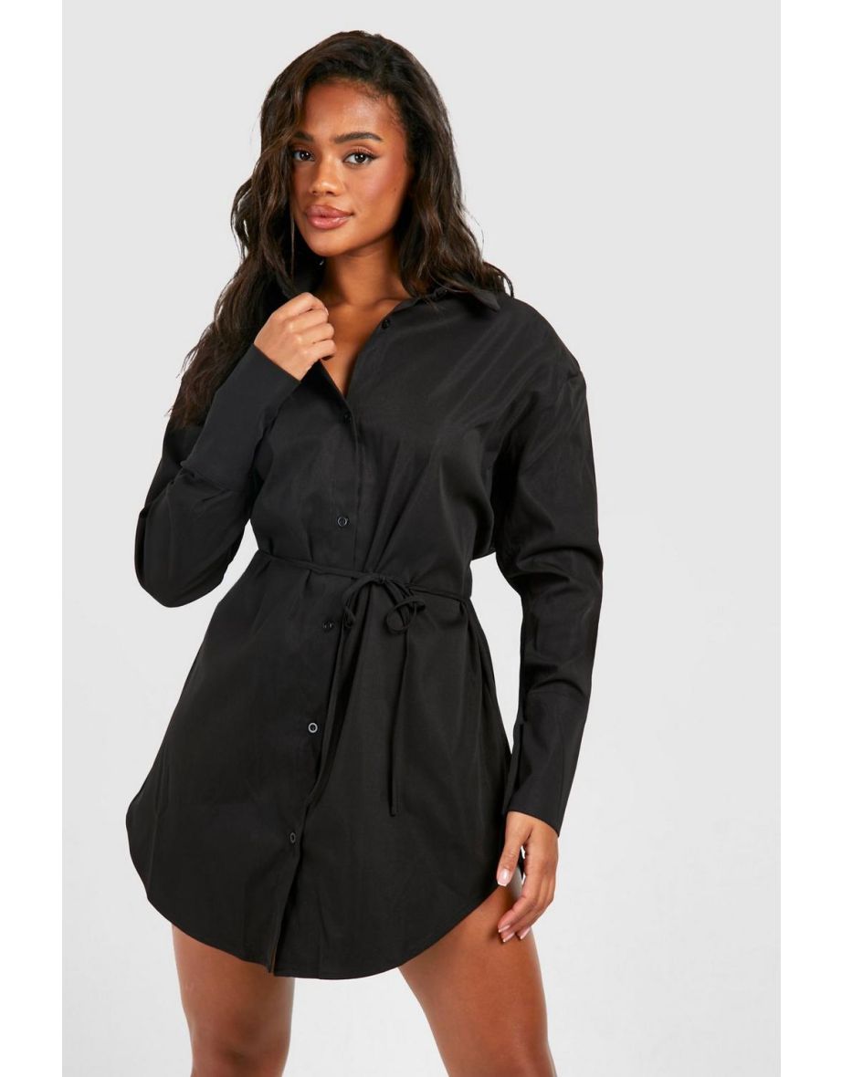 Cinched Waist Shoulder Pad Shirt Dress - black