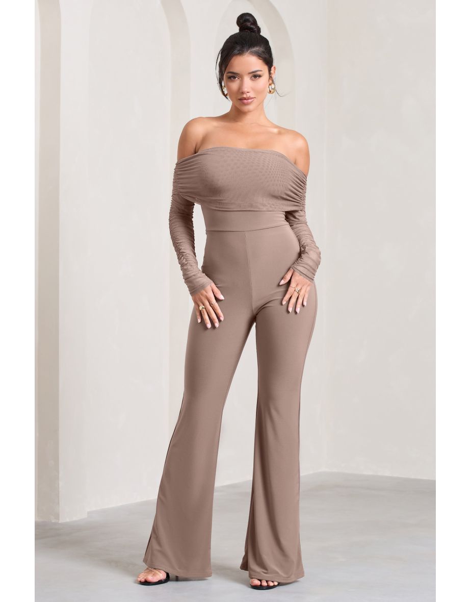 Whisper | Mocha Ruched Mesh Bardot Jumpsuit - 4