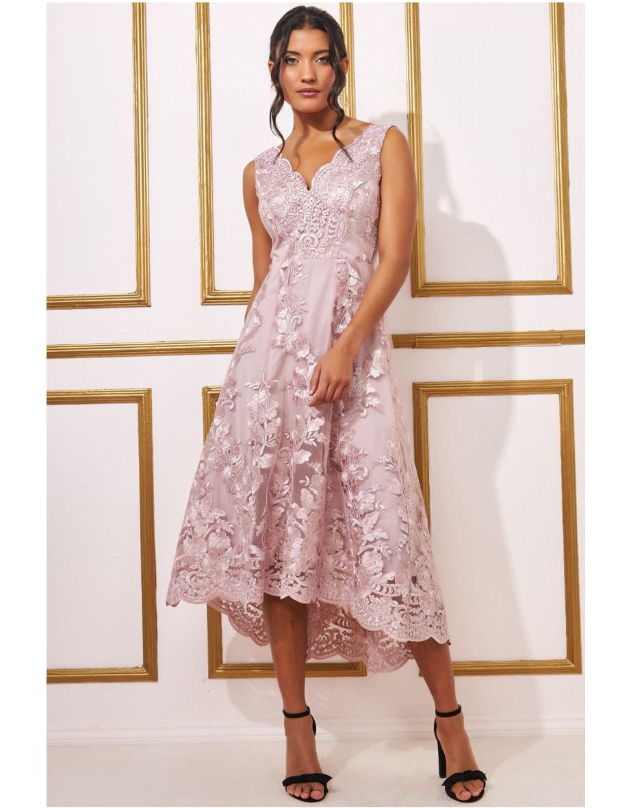 Goddiva Scalloped Neck Lace Midi Dress - Blush