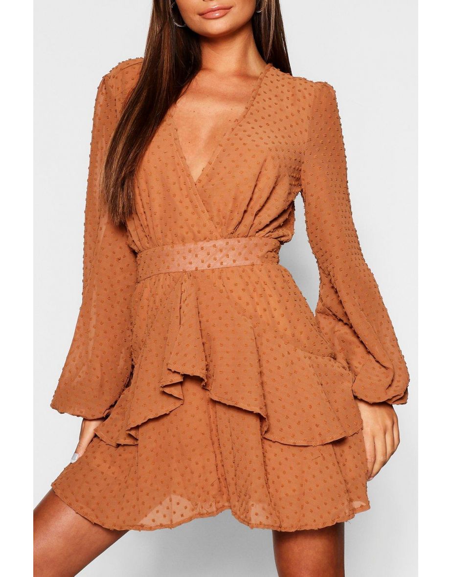 Ruffle Hem Dobby Chiffon Mini Dress - red - 3