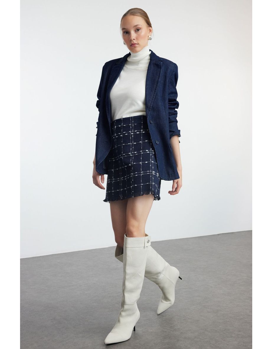 Navy Blue Plaid Tweed Fabric Mini Woven Skirt