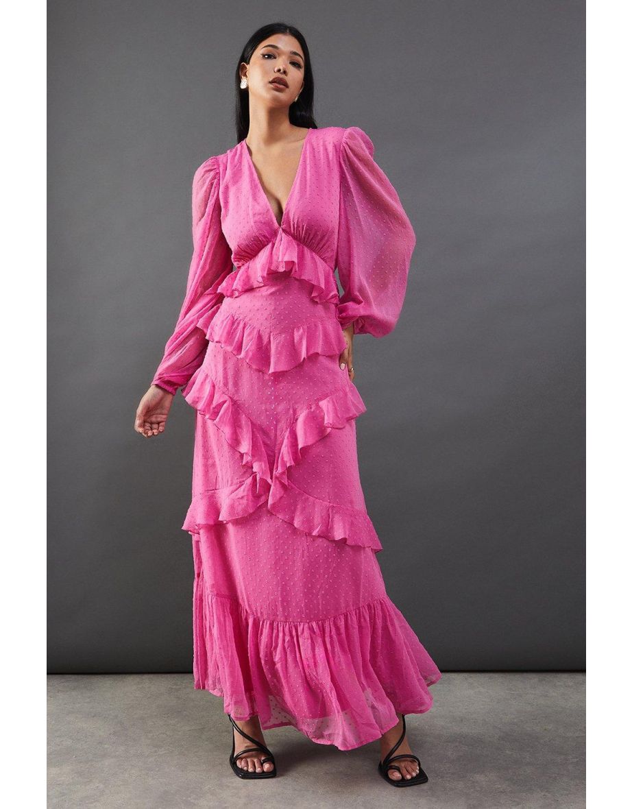 Chiffon Plunge Neck Ruffle Detail Volume Sleeve Maxi Dress