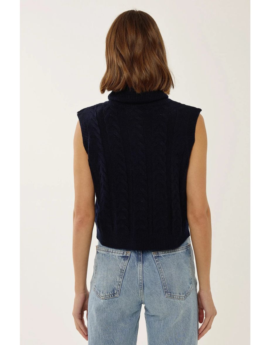 Turtleneck Knitwear Sweater Vest with Hair Braid Pattern - 4
