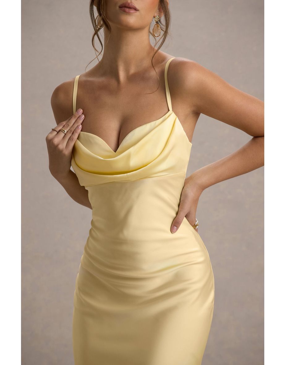 Eimear | Lemon Satin Draped Sweetheart Maxi Dress - 5