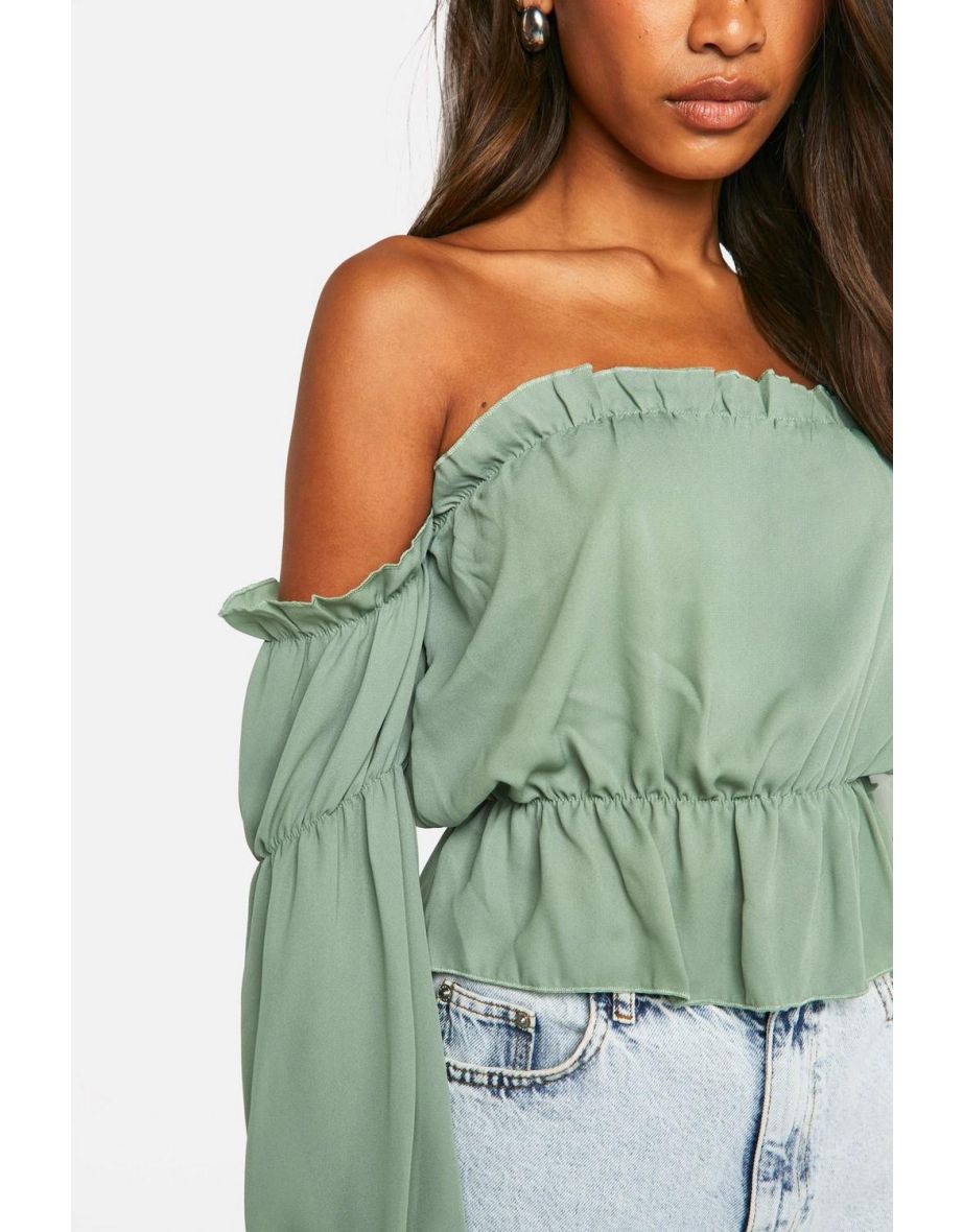 Woven Volume Sleeve Ruched Bardot Top - olive - 3
