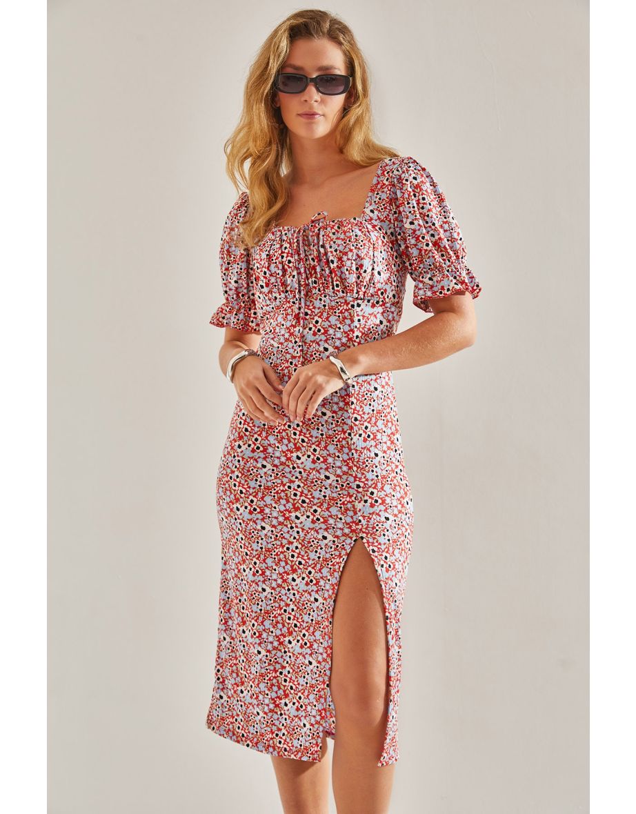 Women's Madonna Collar Tied Floral Patterned Dress
