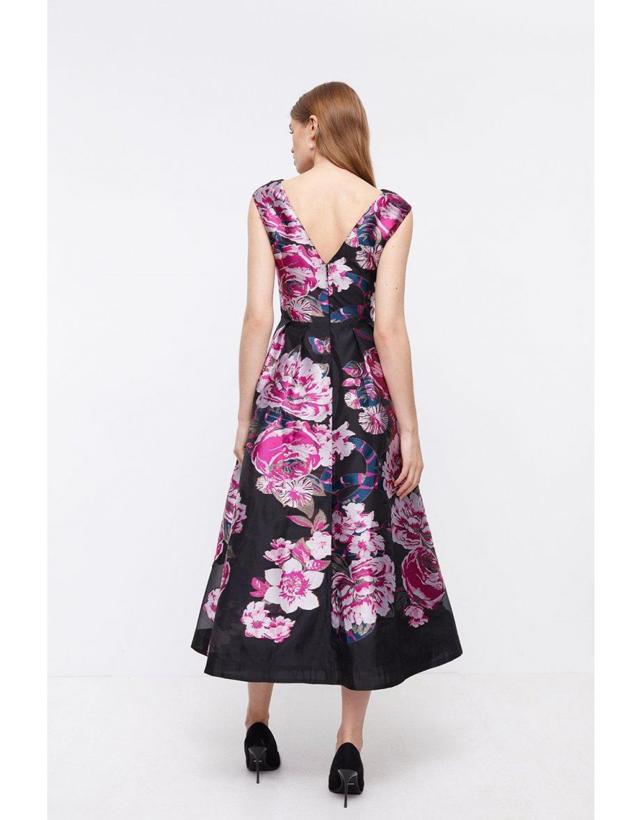 Premium Metallic Floral Jacquard Midi Dress - 2