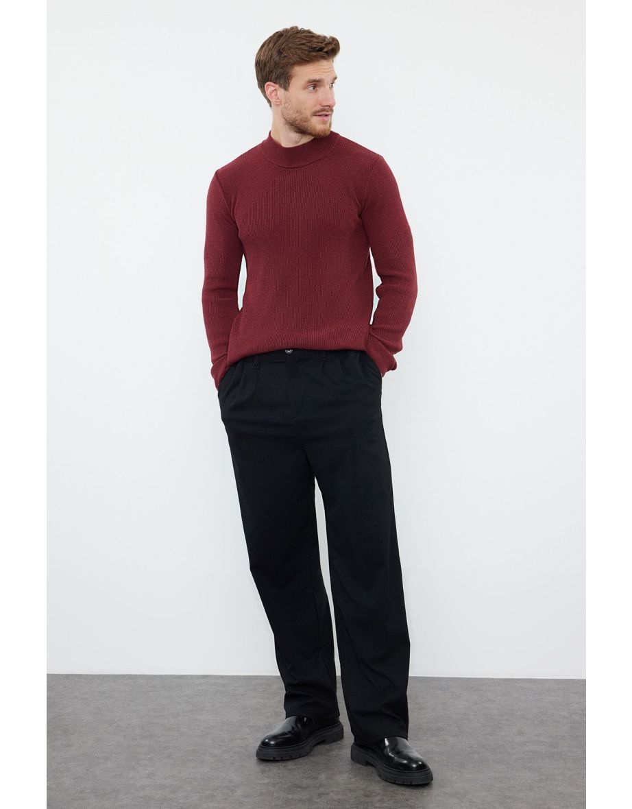 Claret Red Men Fitted Slim Fit Half Turtleneck Corduroy Knitwear Sweater