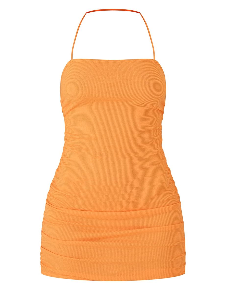 Orange Rib Ruched Sides Strappy Halterneck Bodycon Dress - 4