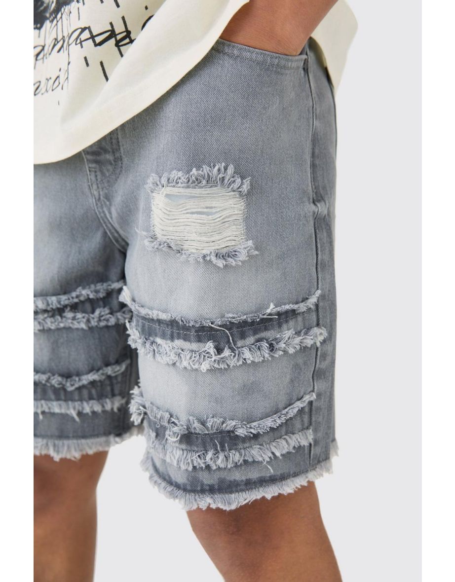 Relaxed Rigid Distressed Denim Shorts In Grey - grey - 2