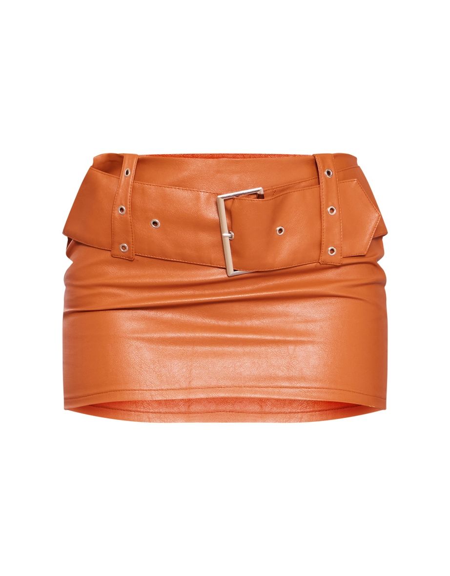 Tan Faux Leather Belted Low Rise Micro Mini Skirt - 5