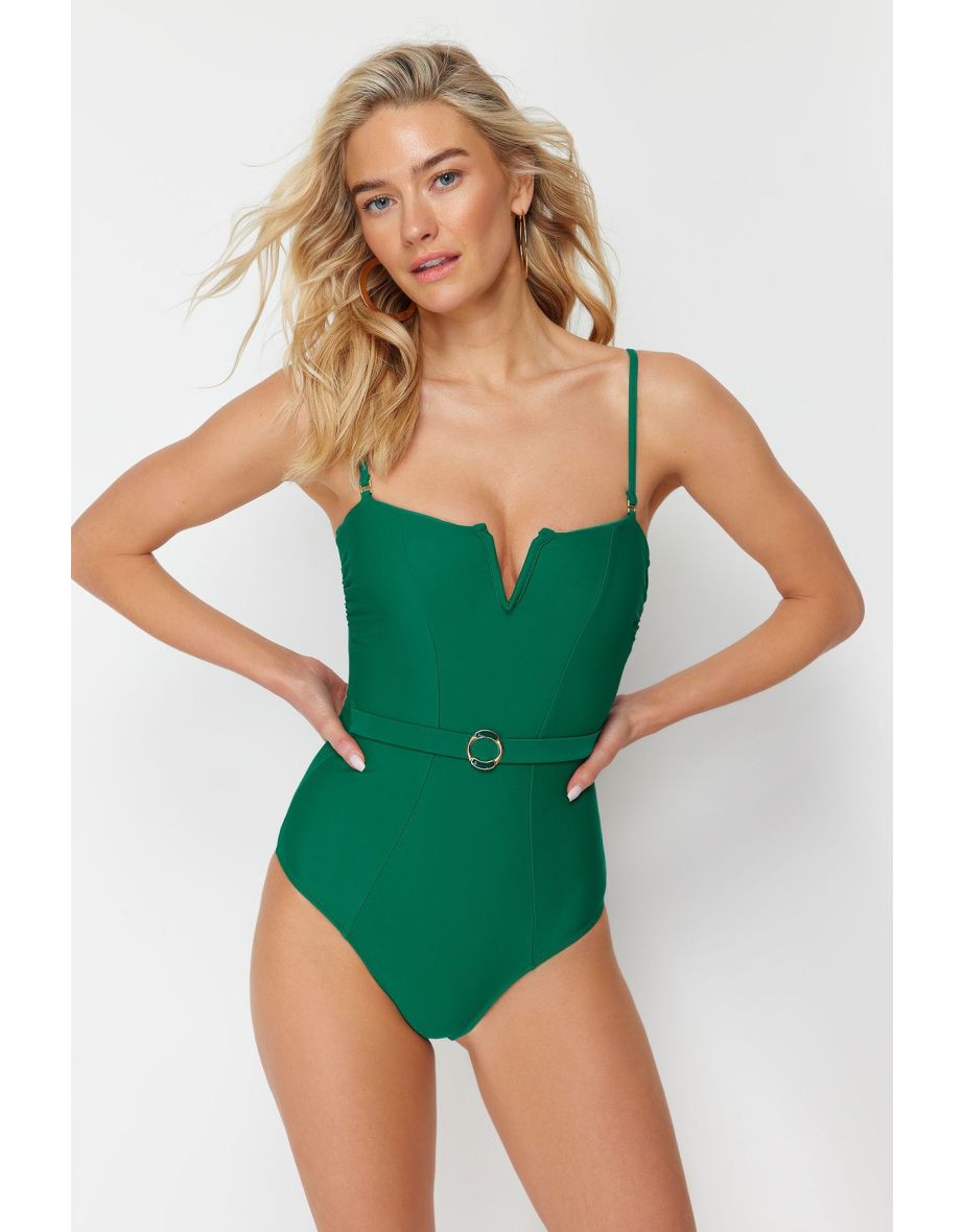 Green Belted Strapless Swimsuit