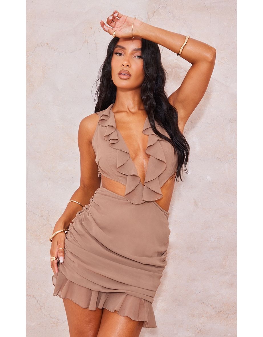 Shop Mocha Halterneck Frill Detail Bodycon Dress Online in Bahrain VogaCloset