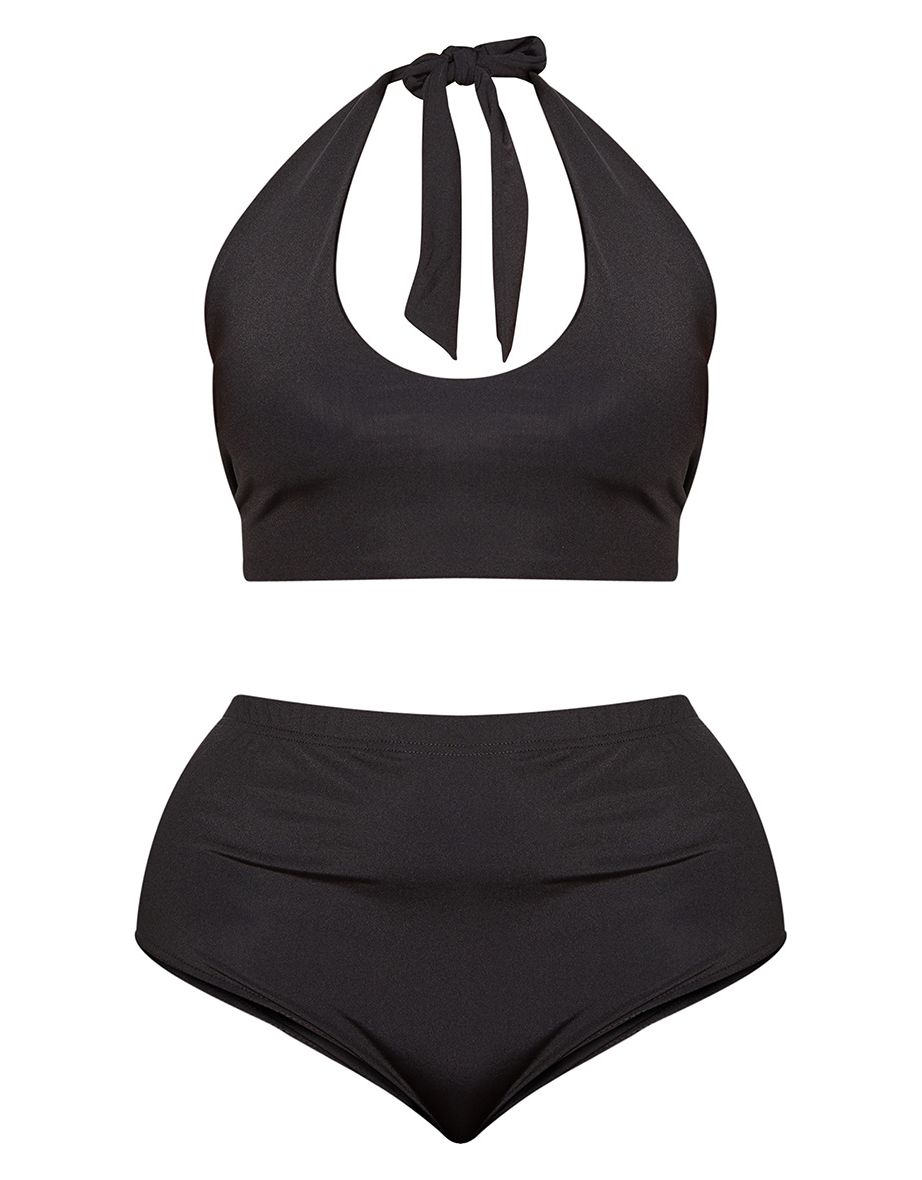 Plus Black High Waist Halterneck Bikini Set - 2
