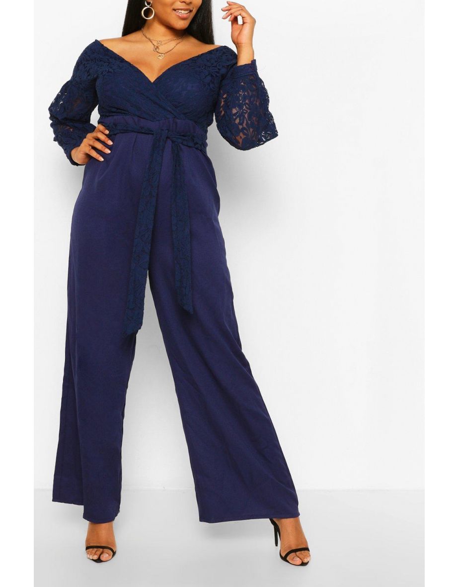 Plus Lace Off The Shoulder Wide Leg Jumpsuit - navy - 3