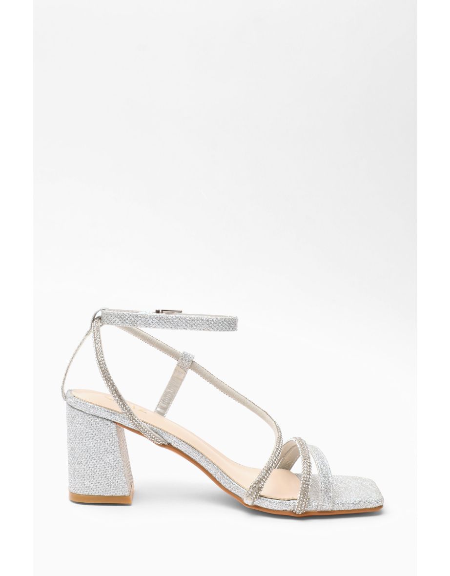 Silver Diamante Block Heeled Sandals - 5