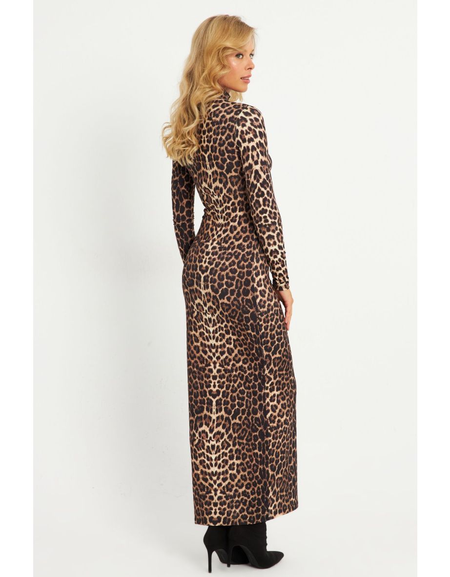 Women's Camel-Black Leopard Print Maxi Dress - 6