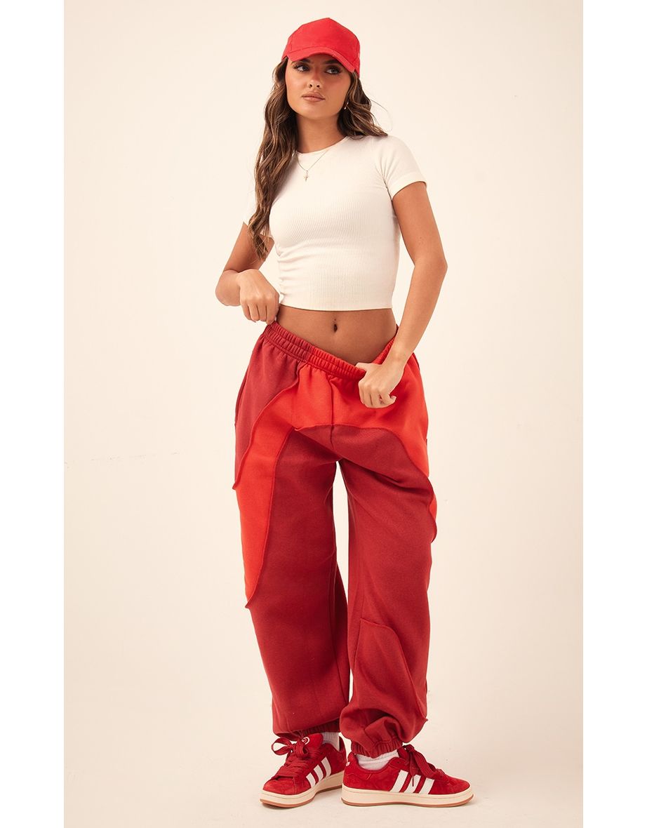 Red Colour Block Sweat Cuffed Oversized Joggers