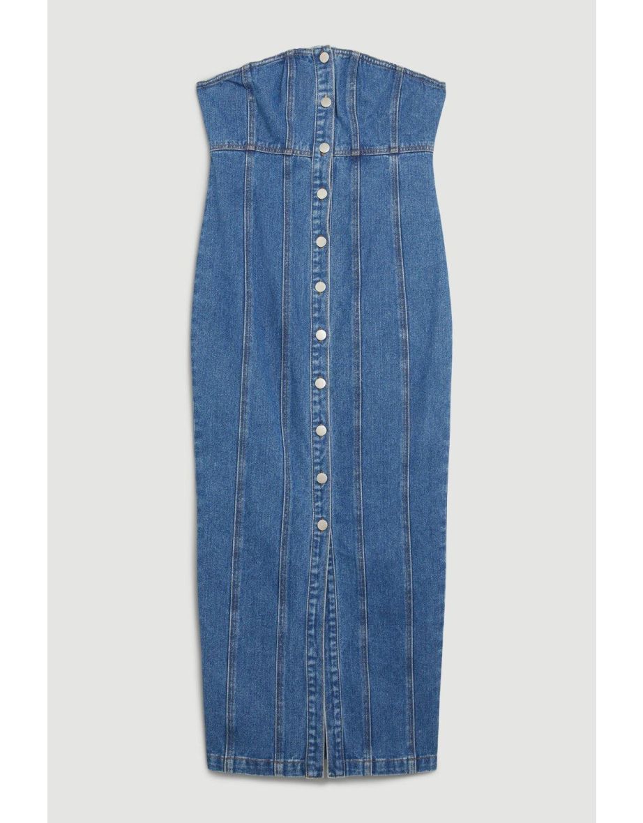 Denim Bandeau Button Midi Dress - 3