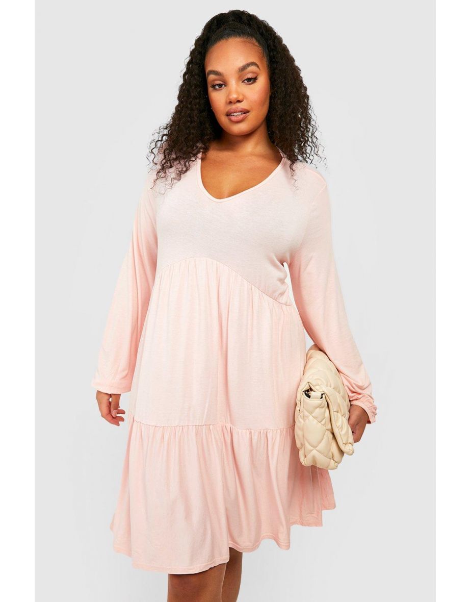 Plus  V Neck Tired Long Sleeve Smock Dress - blush