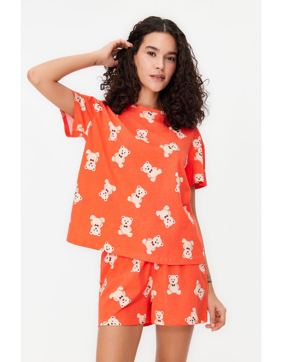 Cinnamon 100% Cotton Teddy Bear Printed T-shirt-Shorts Knitted Pajama Set
