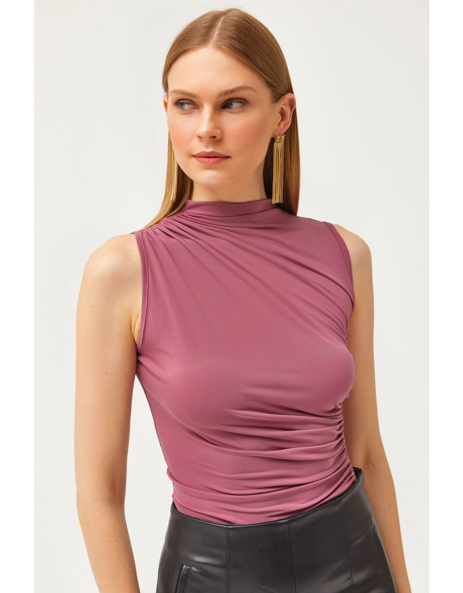 Women's Dusty Rose Stand Collar Gather Detailed Crop Blouse